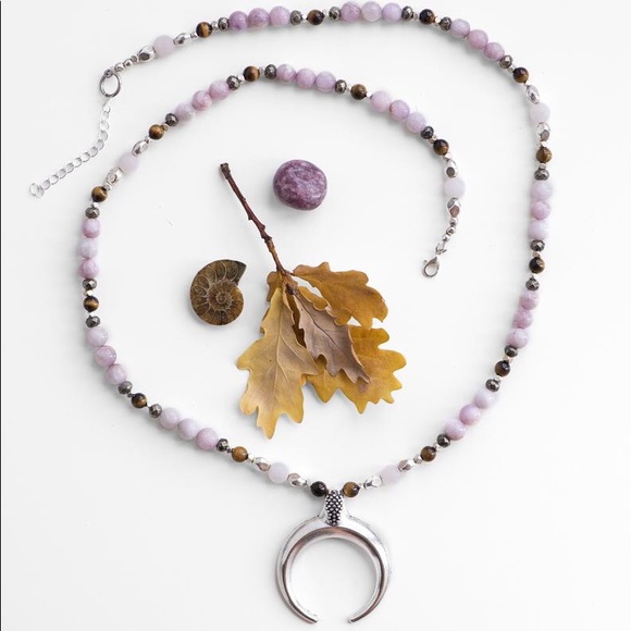 Pink Handmade Crescent Moon Gemstone Beaded Long Necklace - Picture 2 of 5